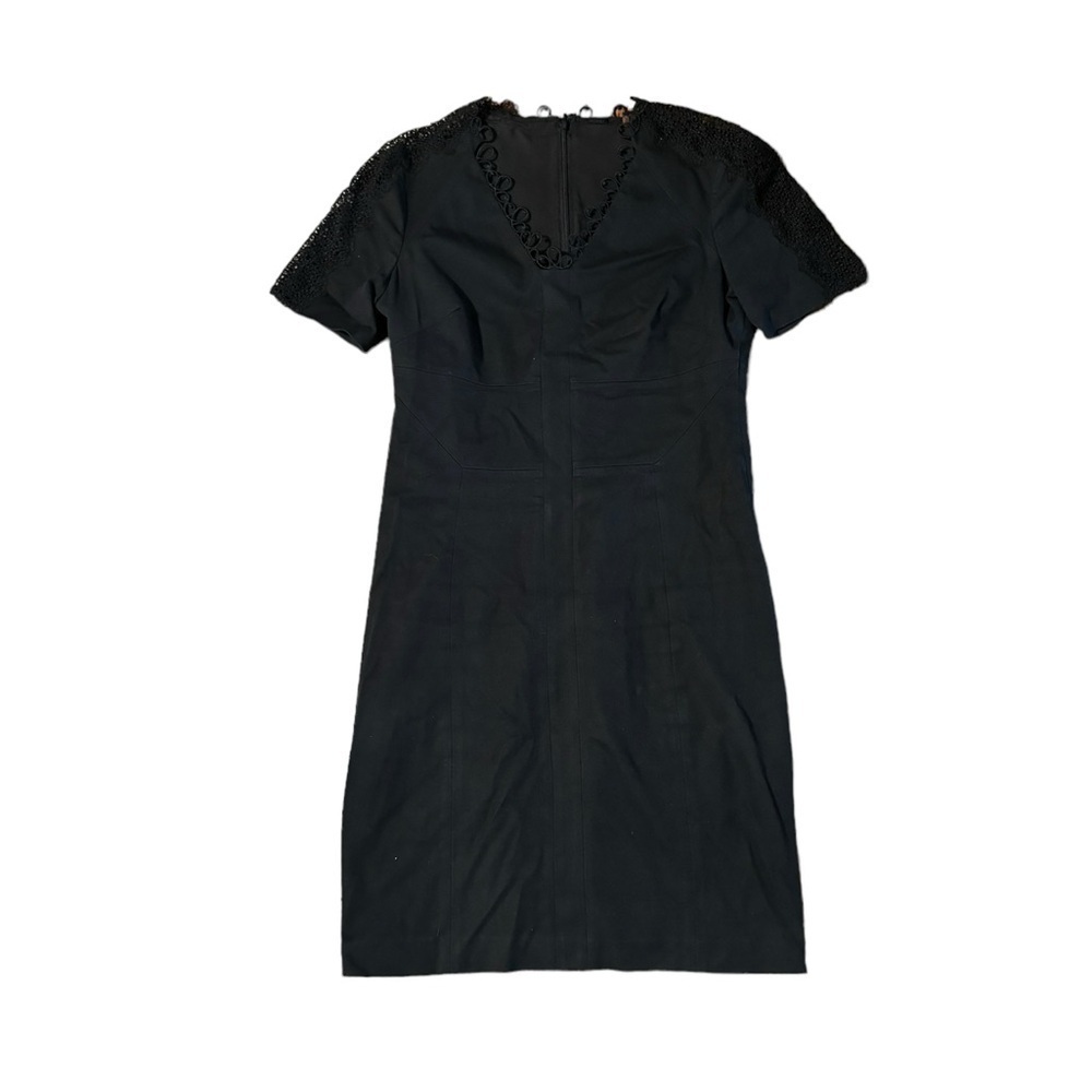 Elie Tahari Women's Black Lace Trim V-Neck Zip Back Sleeveless Shift Dress SZ 6